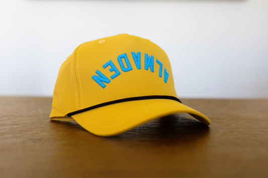 Almaden Dijon Rope hat With Blue Neon lettering