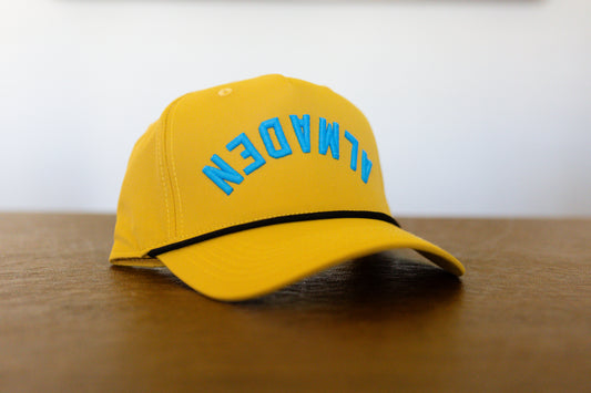 Almaden Dijon Rope hat With Blue Neon lettering
